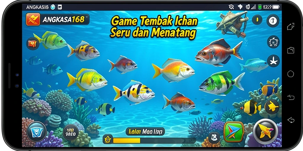 Screenshot gameplay ANGKASA168 dengan ikan dan senjata yang menarik.