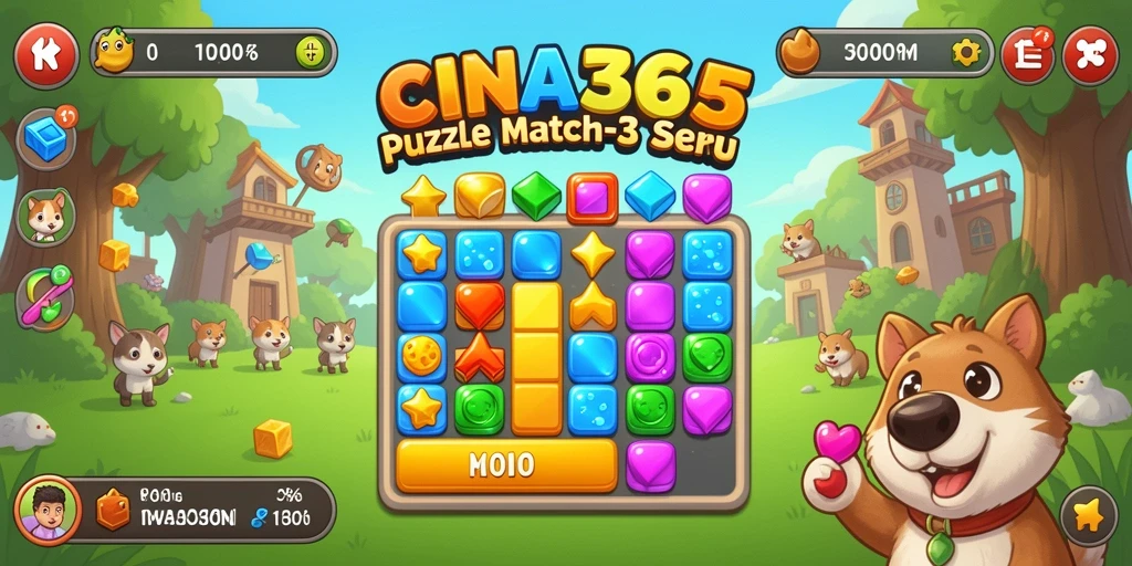 Screenshot CINA365 menampilkan gameplay mencocokkan tiga objek dalam warna-warni.