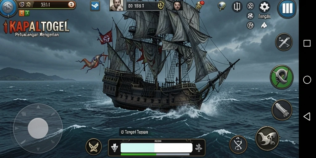 Screenshot gameplay KAPALTOGEL menampilkan suasana mencekam di tengah lautan.