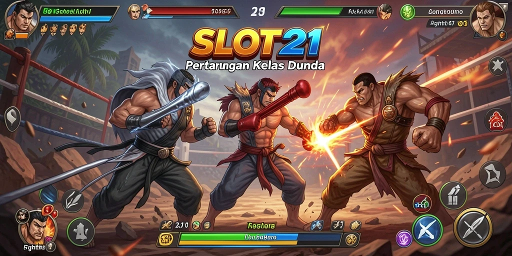 Screenshot utama SLOT21 menampilkan pertarungan karakter yang dramatis dan dinamis.