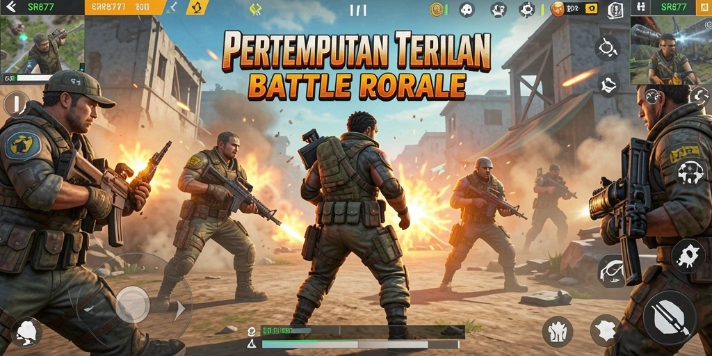 Screenshot gameplay SR877 yang menampilkan aksi pertempuran intens dalam Battle Royale.