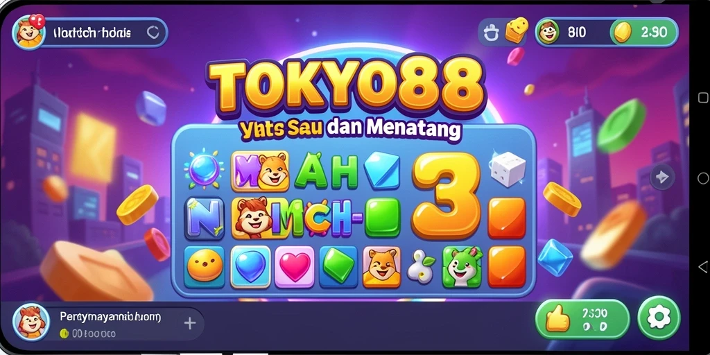 Screenshot TOKYO88 menampilkan gameplay penuh warna dan menawan di level Match-3.