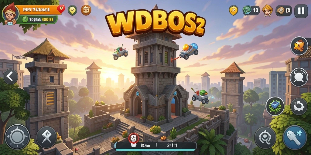 Screenshot utama menampilkan gameplay menegangkan dari WDBOS Tower Defense.